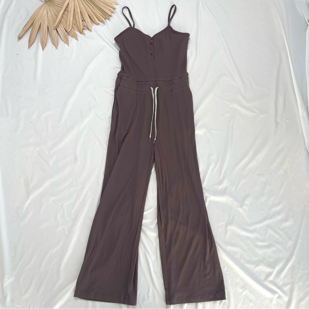 Vuori Pose Henley Ribbed Wide Leg Chocolate Brown Taupe Jumpsuit Onesie Large